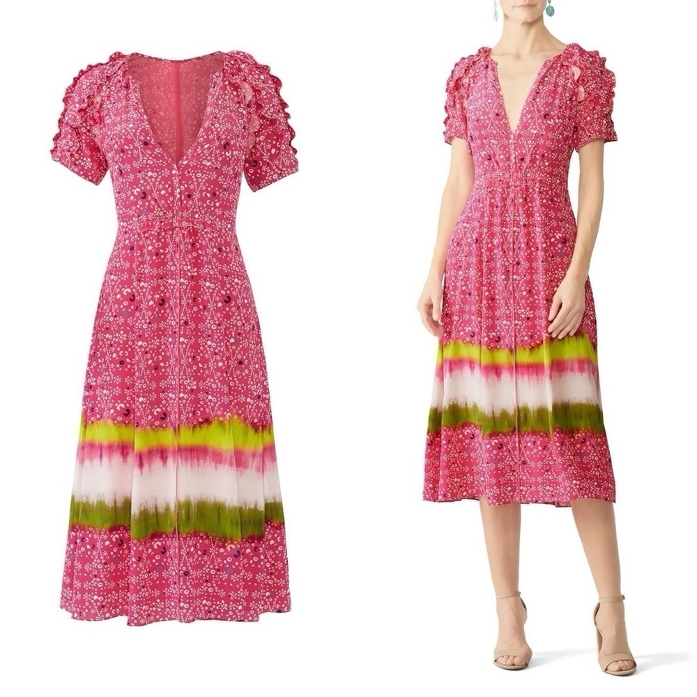 TANYA TAYLOR Luciana Tie Dye Ruffled Pink Midi Dress Sz 10